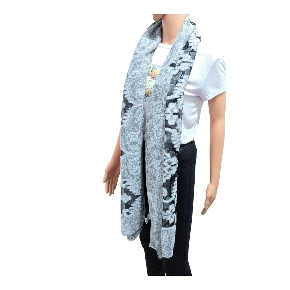 Elegant Black and Gray Floral Scarf - Picture 2 of 9